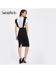 Skirts Black Frill Detail Pinafore Skirt For Ladies Knee Length Elegant Pencil Skirt Women's Plain Midi Skirts - Black - 4N39...