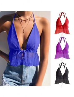 Camis Women Sleeveless Crop Top Backless Vest Top V neck Halter Short Bralette Bustier Mesh Ruffles Shirts For Girls - Purple...
