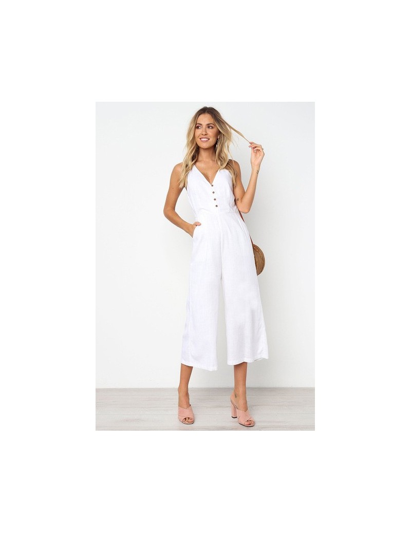 Jumpsuits Women Cotton Jumpsuits solid summer sleeveless wide leg rompers v neck backless office overalls casual loose long p...