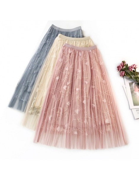 Skirts Ladies 3 D Embroidery Mesh Skirt Female Spring and Summer Long Fairy Skirt Elastic Wasit A Line Flower Embroidered Wom...