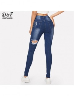 Jeans Blue Ripped Bleach Wash Skinny Jeans Woman 2019 Spring Summer Casual Pants Denim Jeans Womens Korean Style Trousers - B...