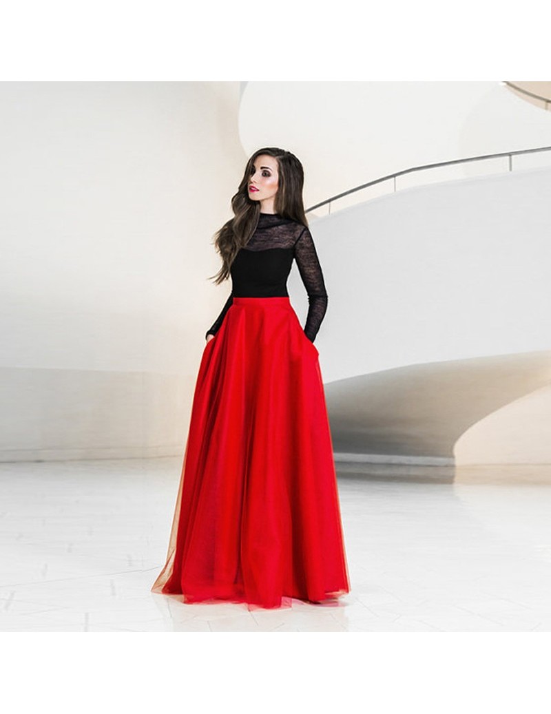 Elegant Maxi Tulle Skirt with Pockets High Waist Floor Length Red Long Skirts Womens Tutu Formal Prom Party Skirt Custom Mad...