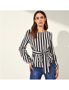 Blouses & Shirts Black And White Striped Print Belted Top Elegant Boat Neck Long Sleeve Pullover Women 2018 Autumn Casual Top...