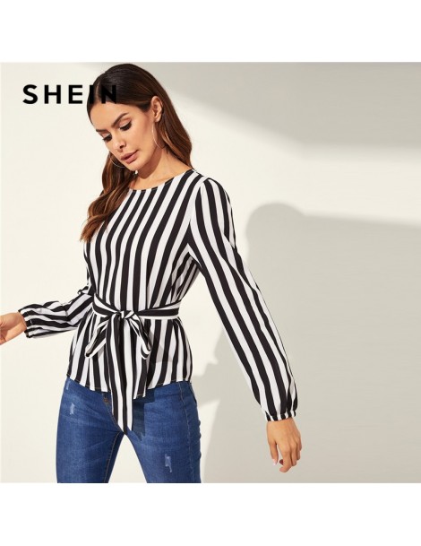 Blouses & Shirts Black And White Striped Print Belted Top Elegant Boat Neck Long Sleeve Pullover Women 2018 Autumn Casual Top...