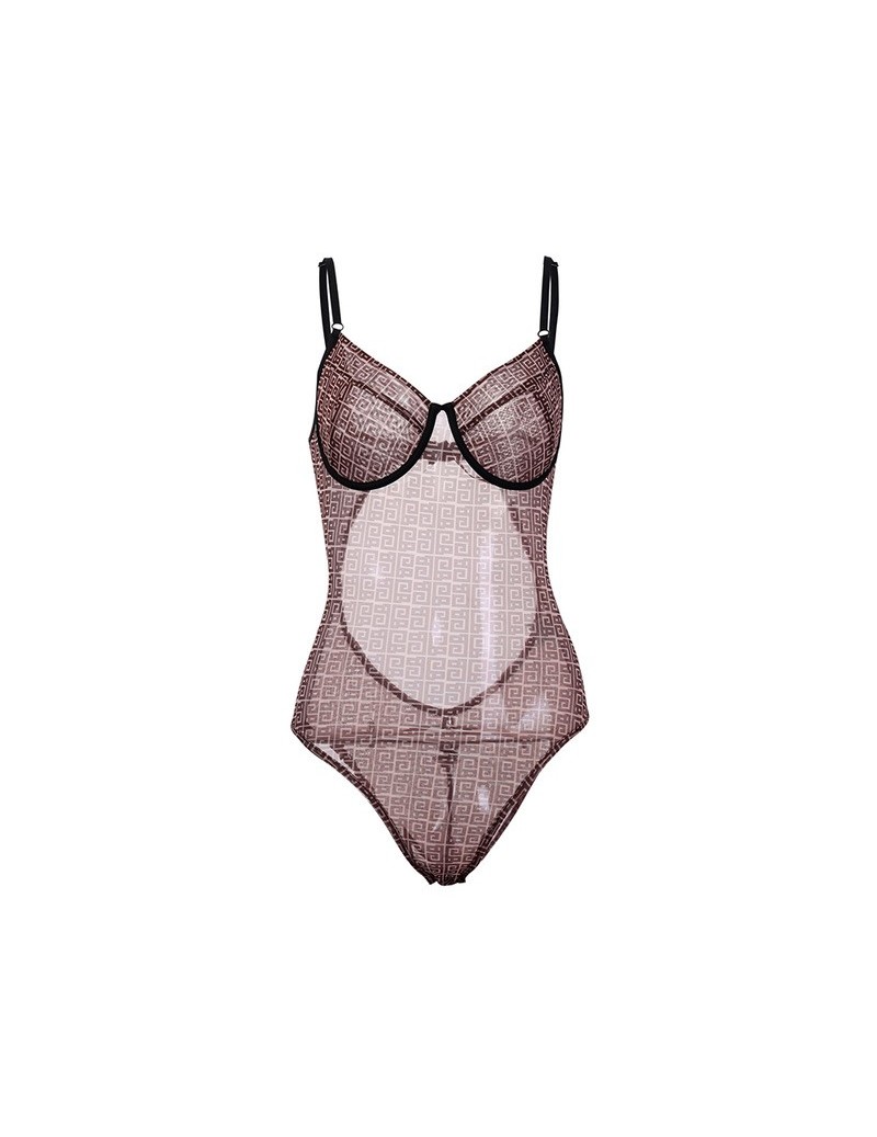 Mesh See-through Bodysuit Bralette Spaghetti Straps Sexy Women Summer Bodycon Patchwork Backless Party Club Female - Brown -...