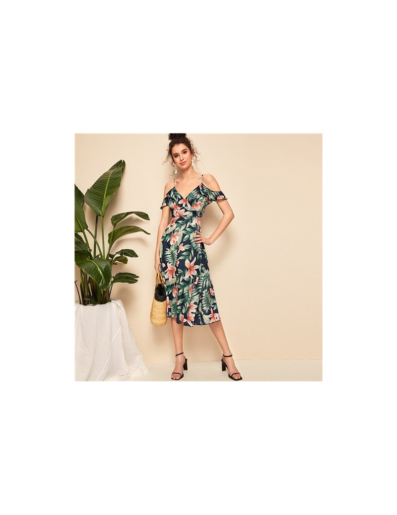 Dresses Boho Tropical Print Ruffle Trim Tie Back Cold Shoulder Straps Midi Dress Women Fit and Flare Summer Elegant Empire Dr...