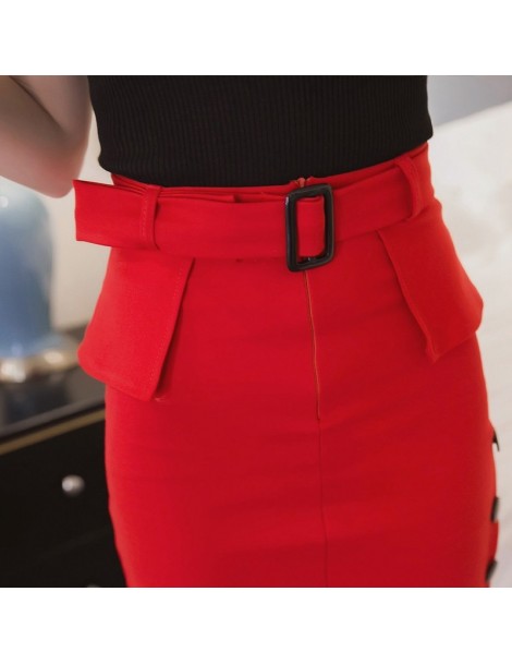 Skirts Fashion New Arrival 2019 Summer High Waist Midi Skirt Red Black Bodycon Pencil Skirts Buttons Open Slit Elegant Womens...