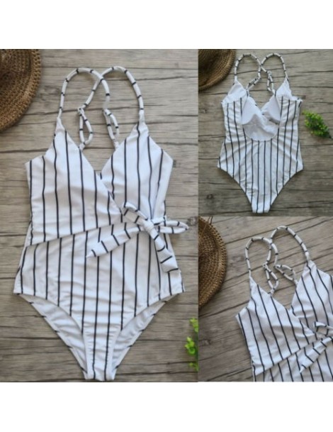 Bodysuits 2019 New Women Sexy One Pieces Swimwear Female White Striped V-Neck Push Up Padded Swimsuits - white 2 - 4Z41373110...