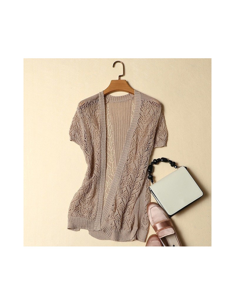 100% linen 2019 short sleeved Cardigan Sweater loose sweater slim size office lady outwear coat tops 0.18KG - brown - 4G3968...