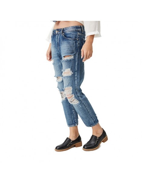 Jeans High Waist Jeans Woman 2018 American Apparel Hole Women Jeans Street Style Fashion Pants Torn Denim WNK-2114 - Blue - 4...