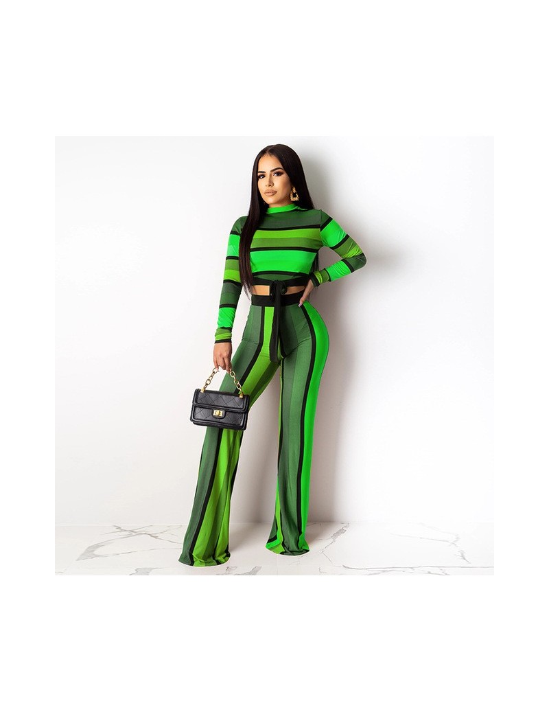Sexy 2 Piece Neon Stripes Outfits for Women Festival Clothing O Neck Full Sleeve Tie Up Crop Tops + Straight Pants Sweat Sui...