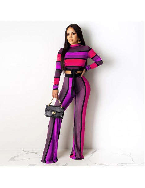 Women's Sets Sexy 2 Piece Neon Stripes Outfits for Women Festival Clothing O Neck Full Sleeve Tie Up Crop Tops + Straight Pan...