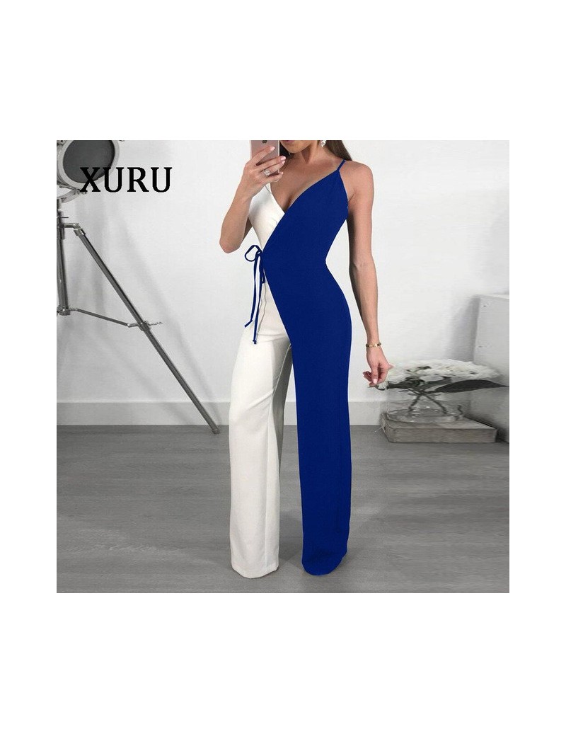 Women Sleeveless Wide Leg Jumpsuits Romper V-Neck Strap Double Color Patchwork Sashes Jumpsuit Woman Casual Overalls - Blue ...