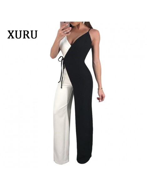 Jumpsuits Women Sleeveless Wide Leg Jumpsuits Romper V-Neck Strap Double Color Patchwork Sashes Jumpsuit Woman Casual Overall...