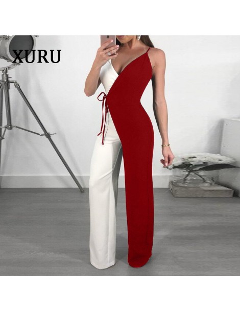 Jumpsuits Women Sleeveless Wide Leg Jumpsuits Romper V-Neck Strap Double Color Patchwork Sashes Jumpsuit Woman Casual Overall...