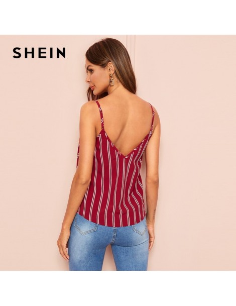 Camis Burgundy Double V Neck Vertical Stripe Spaghetti Strap Cami Top Women Summer Going Out Casual Vests Streetwear For Wome...