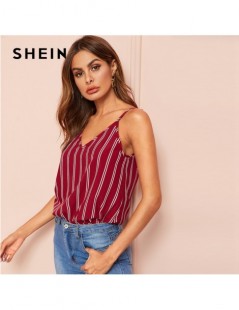 Camis Burgundy Double V Neck Vertical Stripe Spaghetti Strap Cami Top Women Summer Going Out Casual Vests Streetwear For Wome...