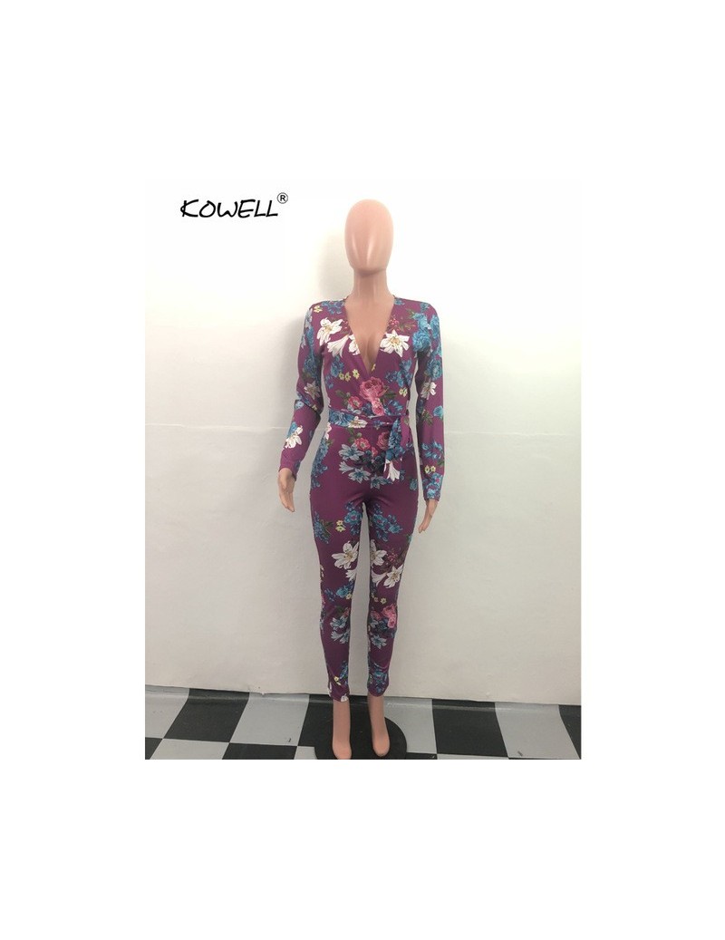2018 New Sexy Women Autumn Purple Jumpsuits Deep V Neck Floral Print Long Sleeve Party Romper Playsuit Skinny Jumpsuits Over...