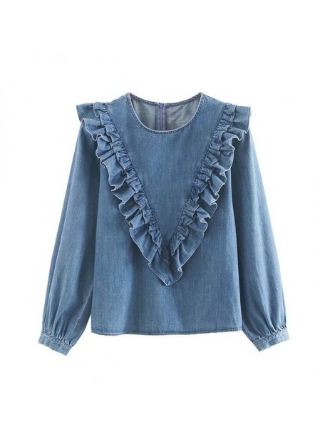 Blouses & Shirts women vintage denim blouse 2019 autumn o neck ruffled long sleeve shirts female chic tops 4M29 - Blue - 4N41...