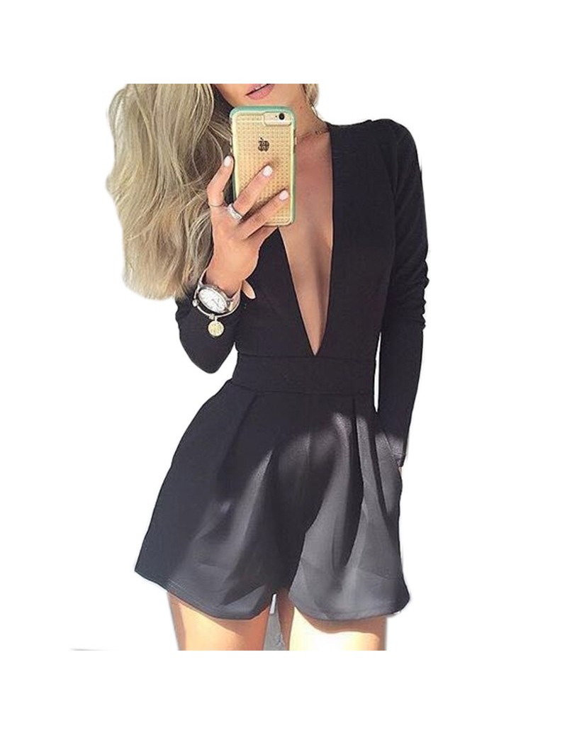 2017 New Arrival Summer Fashion Rompers Women Black Sexy Club Long Sleeve Jumpsuit Deep V neck Playsuit Jumpsuits Hot Shorts...