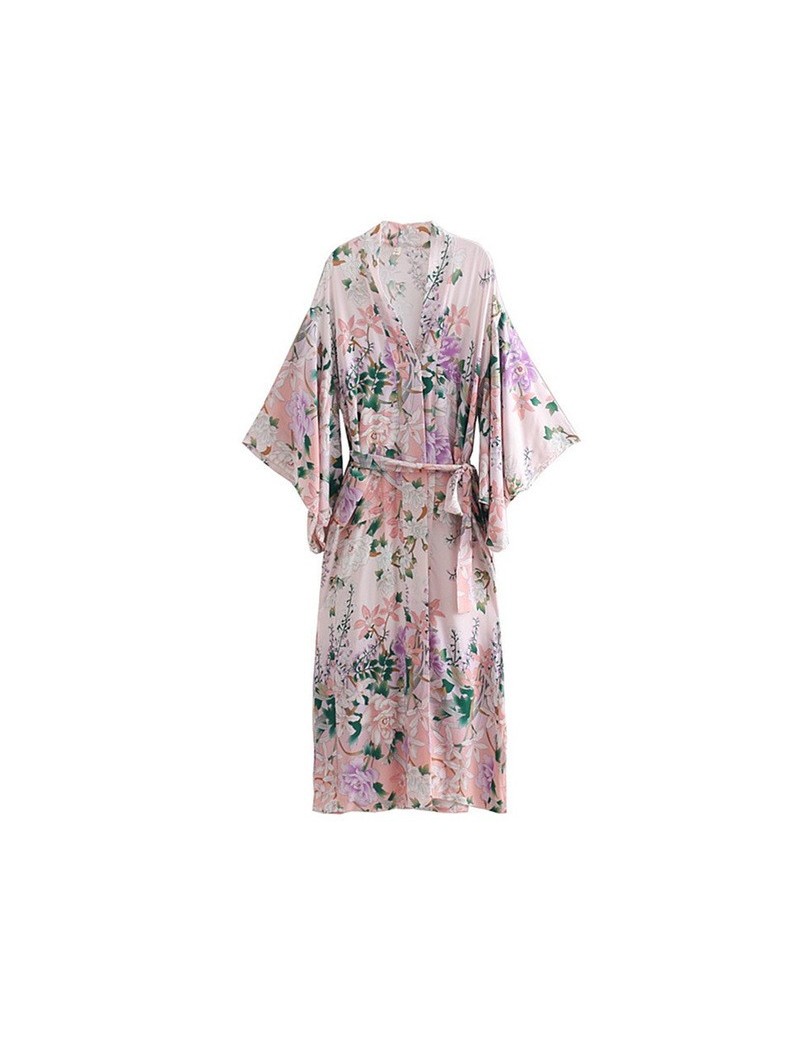 Blouses & Shirts 2019 New Women Bohemian V neck Bright Flower Print Long Kimono BOHO Shirt Ethnic Lacing up Sashes Cardigan L...