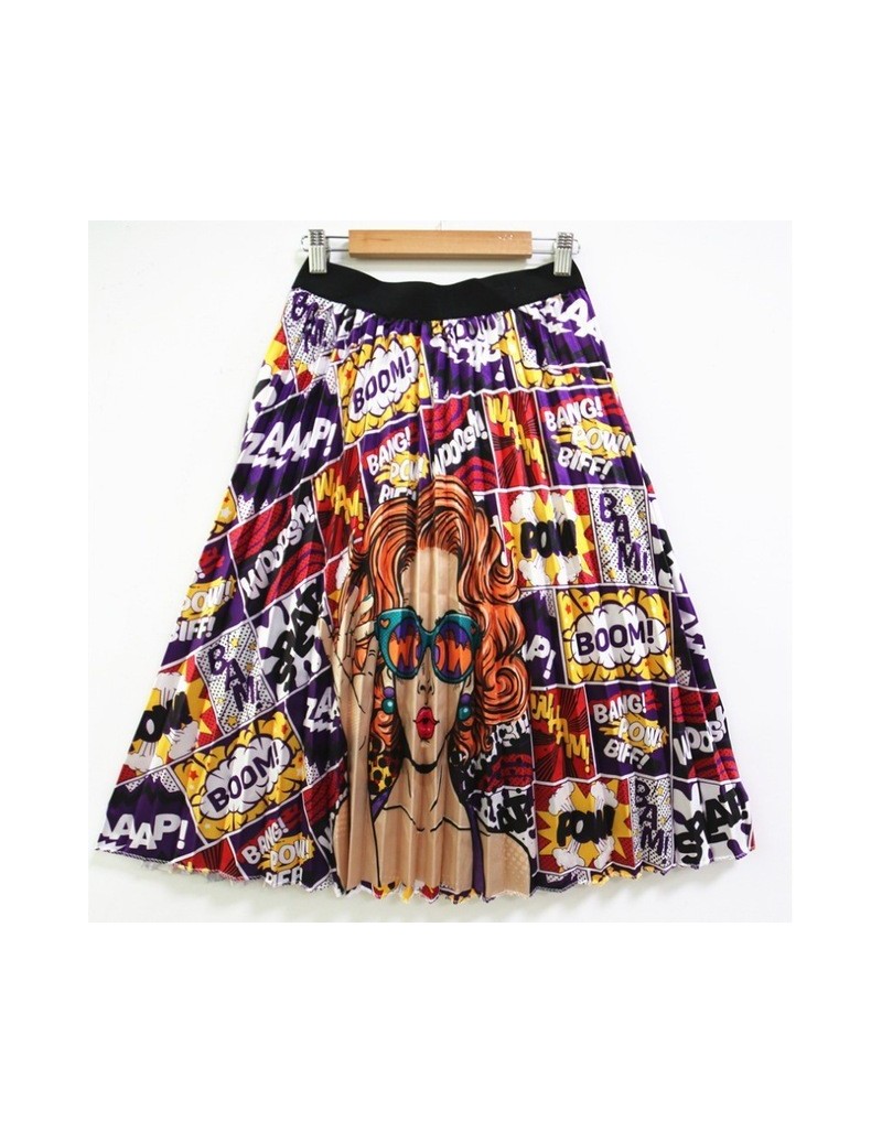 Skirts 2019 New Fashion Cartoon Print High Waist Pleated Skirt Women Summer Autumn Midi Skirts Womens Elastic Waist Long Skir...