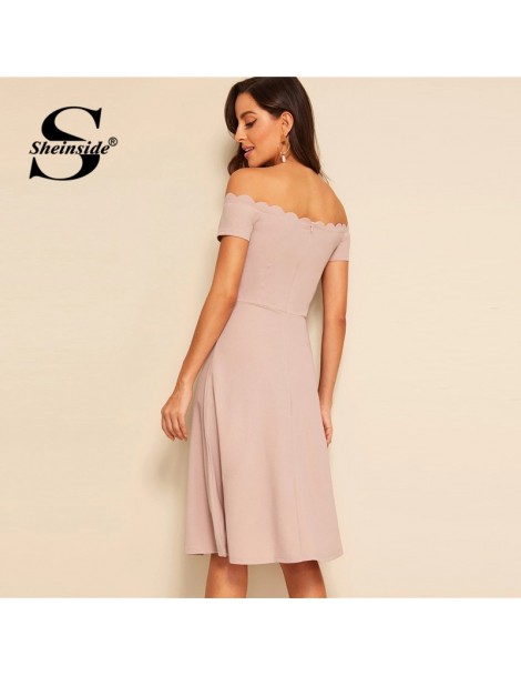 Dresses Elegant Scallop Trim Off Shoulder Dress Women 2019 Summer High Waist A Line Dresses Ladies Solid Zip Back Dress - Pin...