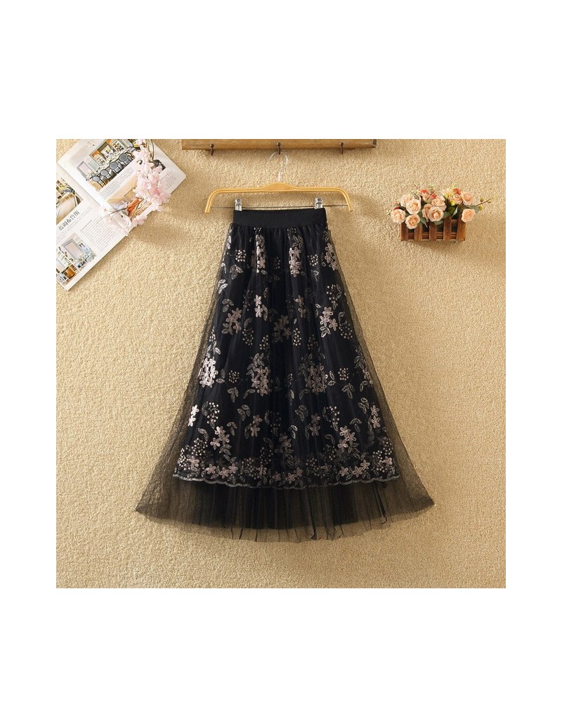 Skirts Pleated Skirt Women Solid Color Embroidery Floral Retro Mesh Summer Fashion Vintage Hollow Out Midi A-Line Swing Women...
