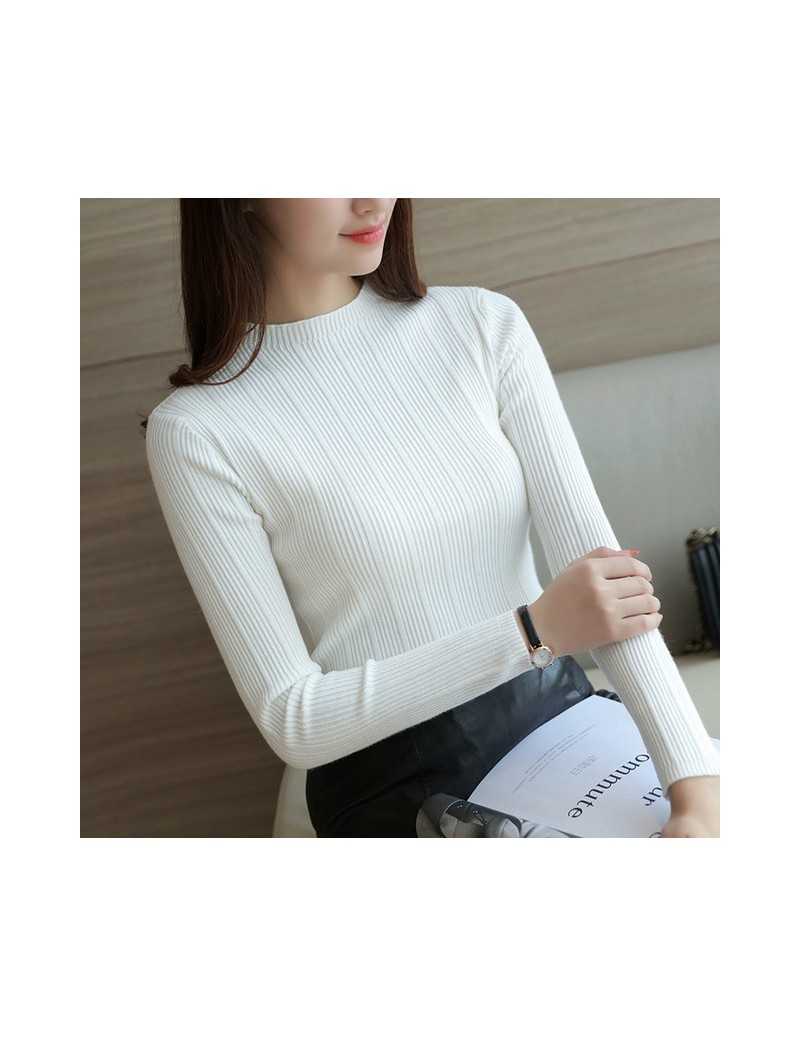 2019 Women Stretch Knit Undershirt Turtleneck Solid Sweater Knitted Wear Knitting Slim Pullovers - White - 483863999628-4