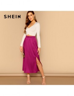 Skirts Hot Pink Split Hem Empire Elastic Waist A-line Solid Satin Maxi Skirt Women 2019 Spring Elegant Long Shift Party Skirt...