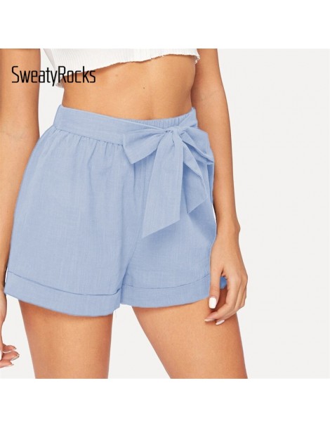 Shorts Self Belted Elastic Waist Cuffed Shorts Women Streetwear Casual Straight Leg Shorts 2019 Summer Womens Solid Shorts - ...