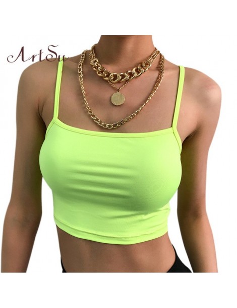 Camis Fluorescente Green Pink Crop Top Camis Women Mujeres Bodycon Spaghetti Strap Top Camisole Femme Casual Vest Tops ASVE60...