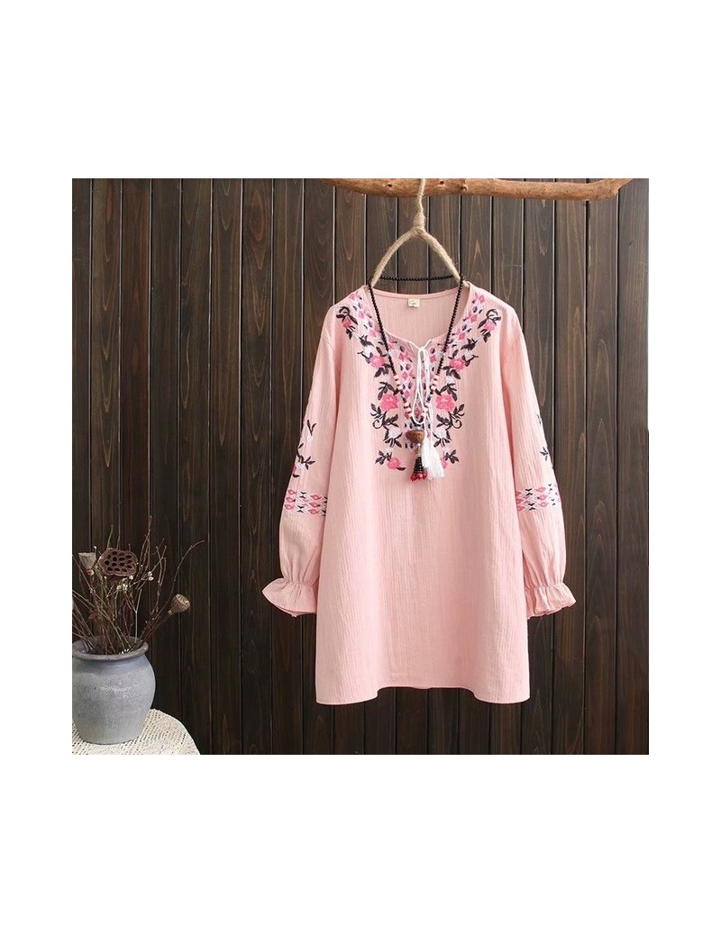 Blouses & Shirts Plus size Embroidery cotton long petal sleeve women blouse 2019 spring casual ladies V-neck loose shirts fem...