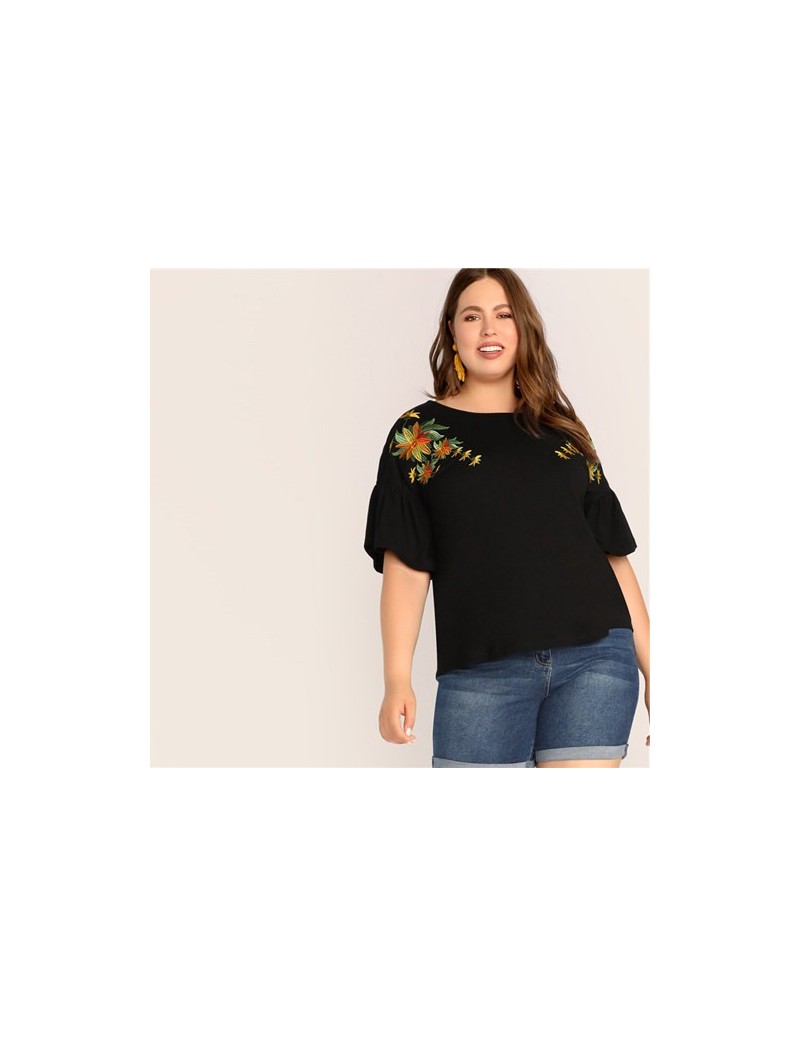 Plus Size Black Embroidered Botanical Applique Flounce Sleeve Top Tee 2019 Women Summer Casual Round Neck Plus T-Shirt - Bla...