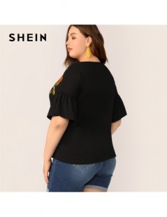 T-Shirts Plus Size Black Embroidered Botanical Applique Flounce Sleeve Top Tee 2019 Women Summer Casual Round Neck Plus T-Shi...