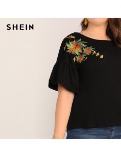 T-Shirts Plus Size Black Embroidered Botanical Applique Flounce Sleeve Top Tee 2019 Women Summer Casual Round Neck Plus T-Shi...