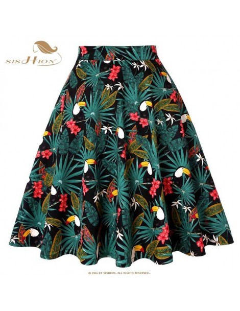 Skirts 2019 Floral Print Women Skirts Summer Green High Waist Casual Vintage Swing Retro Skater Midi Skirt faldas mujer VD002...