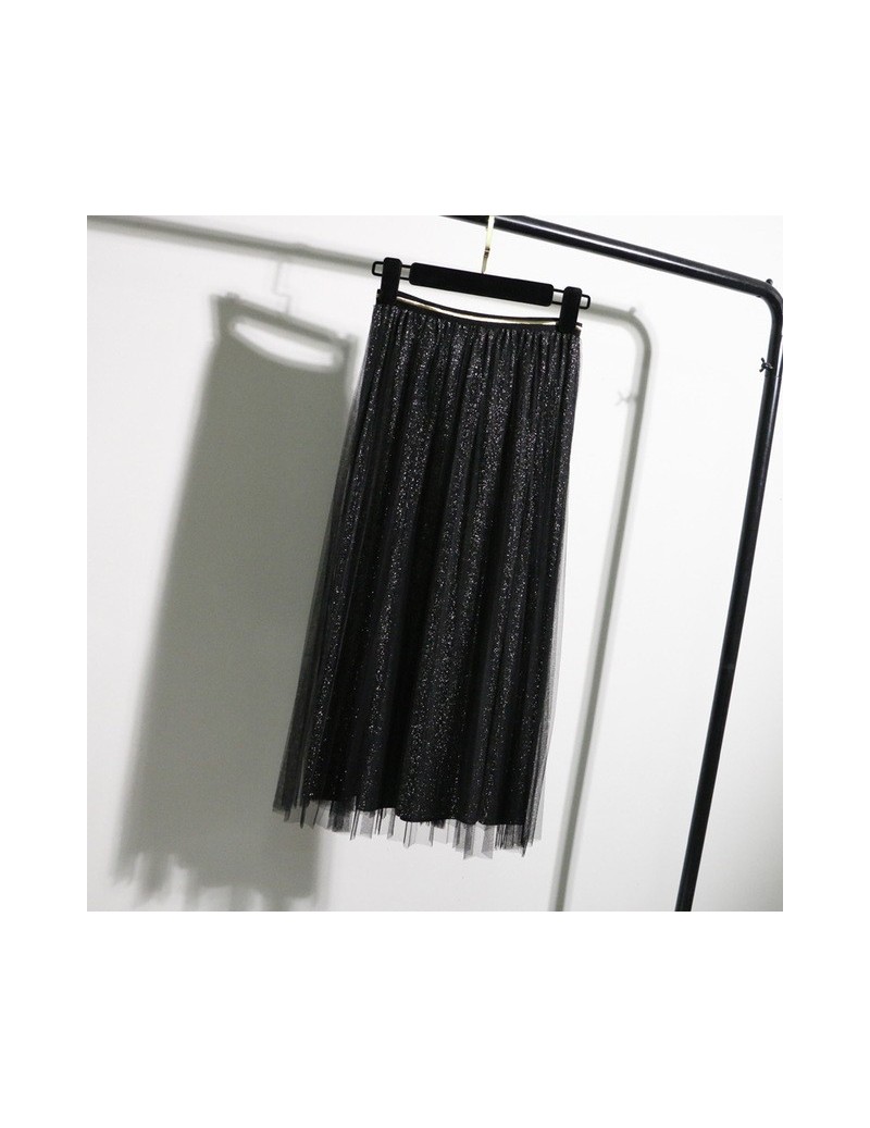 Skirts Tulle Skirts Womens Black Gray Spring Summer Elastic High Waist Pleated Midi Skirt Ankle Length Lurex Tutu Skirt - bla...