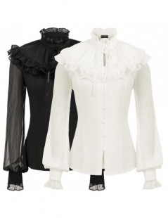 Blouses & Shirts Womens Vintage Victorian Lolita Long Sheer Sleeve Lotus Ruffled Blouse Lace Up Back Blouse Tops - Ivory - 4C...