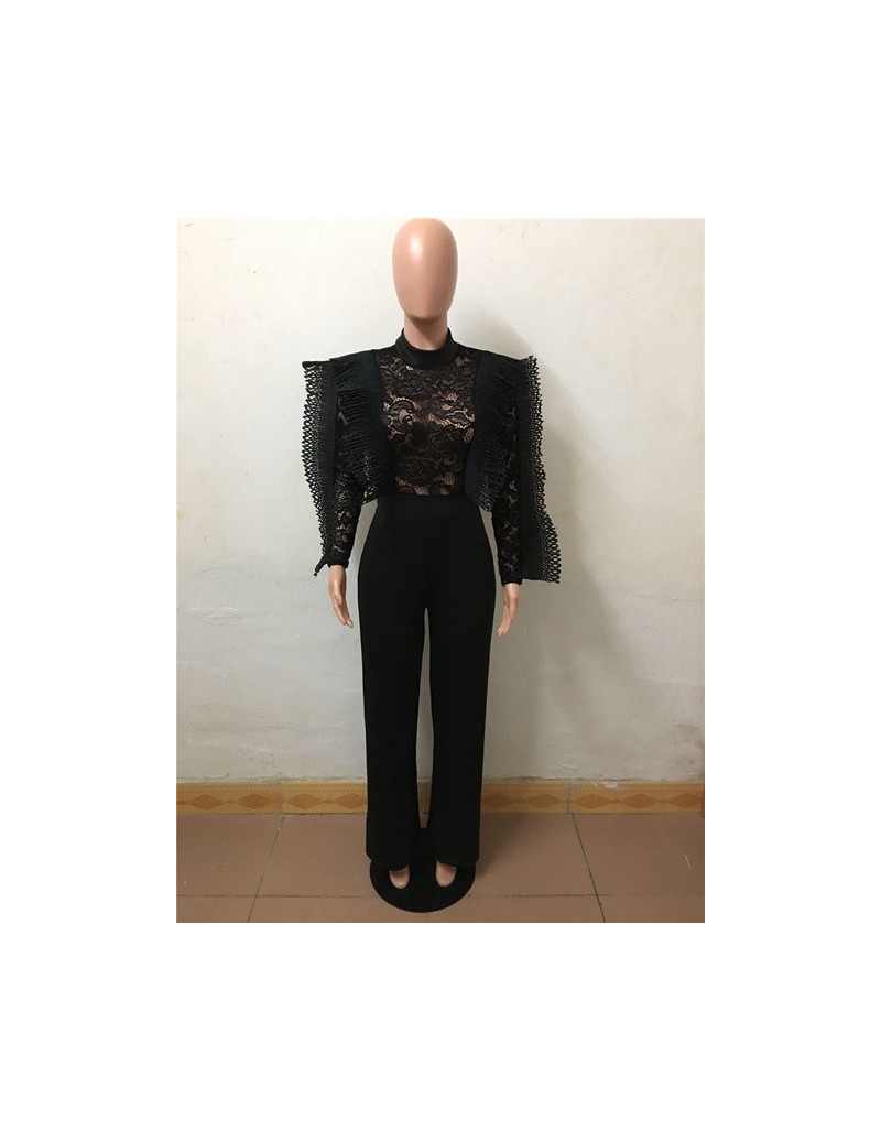 Jumpsuits Black Lace Jumpsuit Women Sexy Sheer Ruffle Long Sleeve Bodysuit Elegant Evening Jumpsuit Formal Party Rompers Wome...