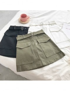 Skirts Safari Style Mini Skirt Female Black Army Green Solid High Waist Casual Korean Pocket Elastic Skirt Women Fashion Jupe...