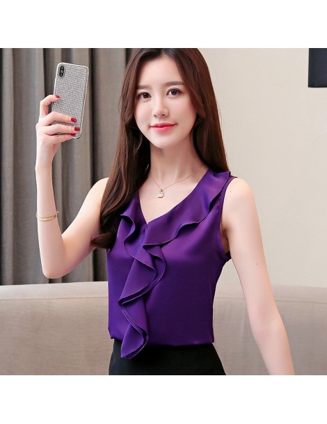 Blouses & Shirts Summer Tops New Korean fashion clothing Silk V-neck Chiffon blouse Plus size Sleeveless shirt 3XL - red - 4D...