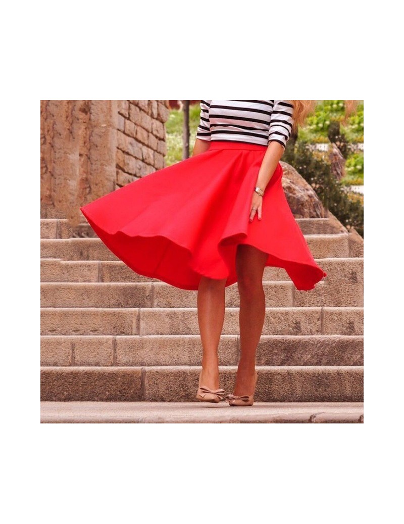 Women High Waist A-Line Skirt Female Clothing Casual Solid Loose Knee-Length Pleated Skirts - Red - 5Z111152936467-3