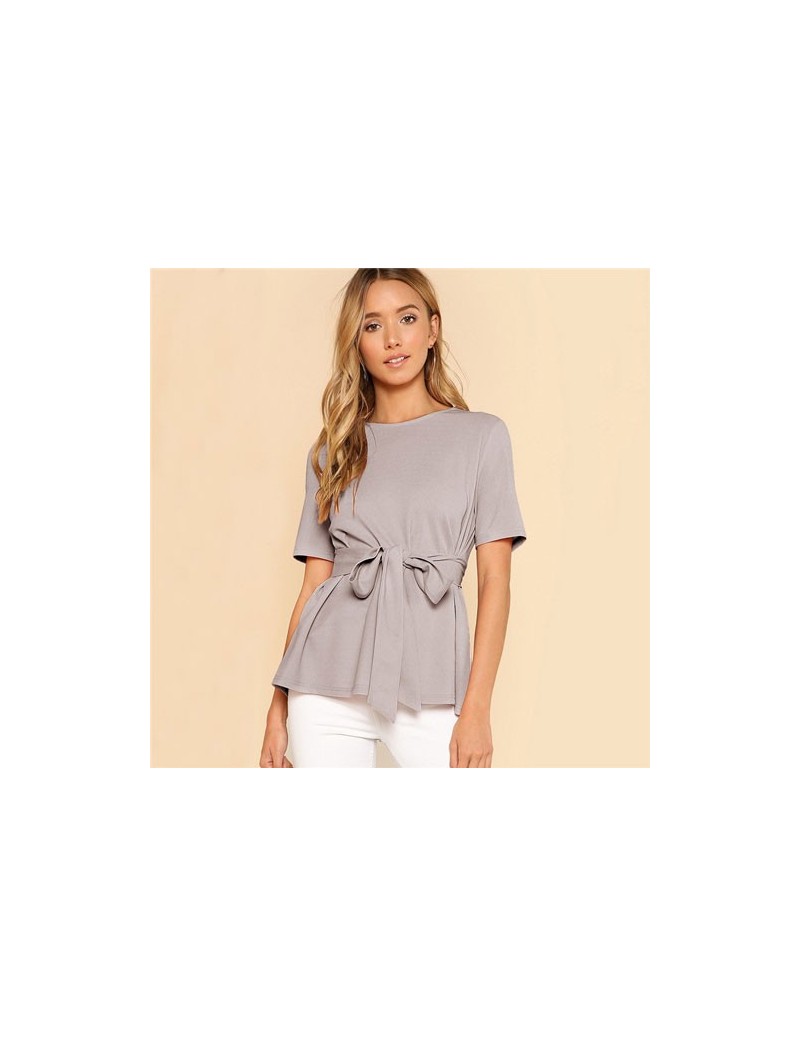Blouses & Shirts Self Belt Keyhole Back Solid Top Weekend Out Going Pullover Women Summer Blouses And Tops Ladies Minimalist ...