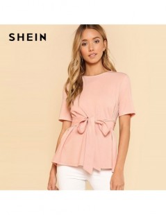Blouses & Shirts Self Belt Keyhole Back Solid Top Weekend Out Going Pullover Women Summer Blouses And Tops Ladies Minimalist ...