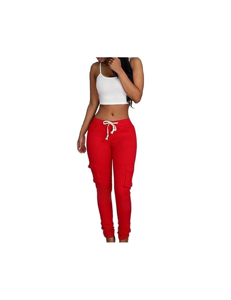 2019 Spring Lace Up Waist Casual Women Pants Solid Pencil Pants Multi-Pockets Plus Size Straight Slim Fit Trousers - Red - 4...