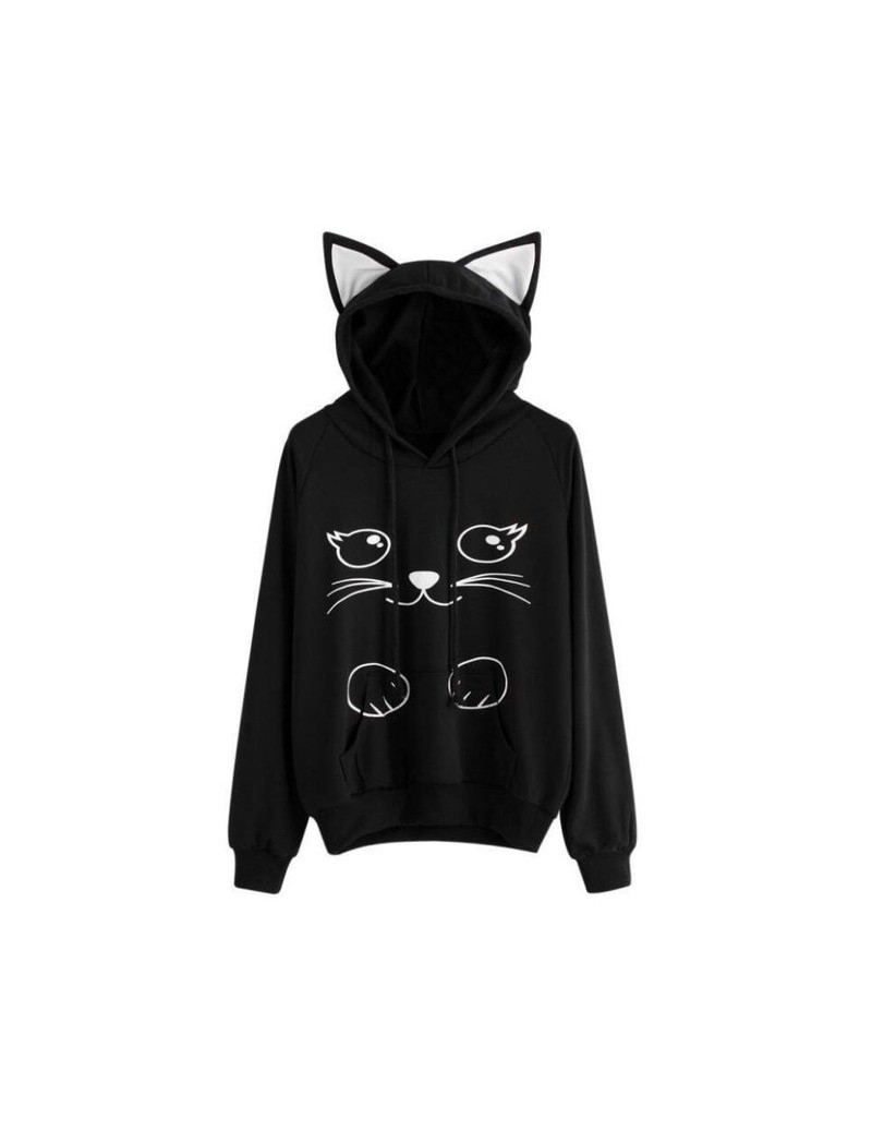 Cat Kangaroo Pocket Hoodie Cat Ear Poleron Mujer 2019 Sketch Print Comics Sweatshirt Kawaii Clothes Women Black Oversized Ho...