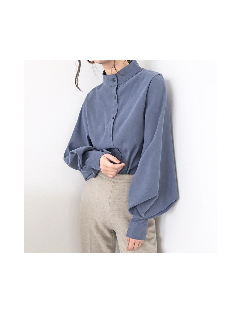 Vintage Stand Collar Lantern Sleeve Women Blouses Tops Single Breasted Blouse Shirt Female Thick Loose Shirts blusas mujer -...