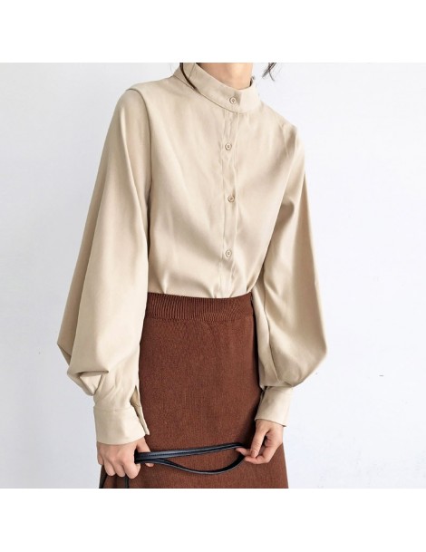 Blouses & Shirts Vintage Stand Collar Lantern Sleeve Women Blouses Tops Single Breasted Blouse Shirt Female Thick Loose Shirt...