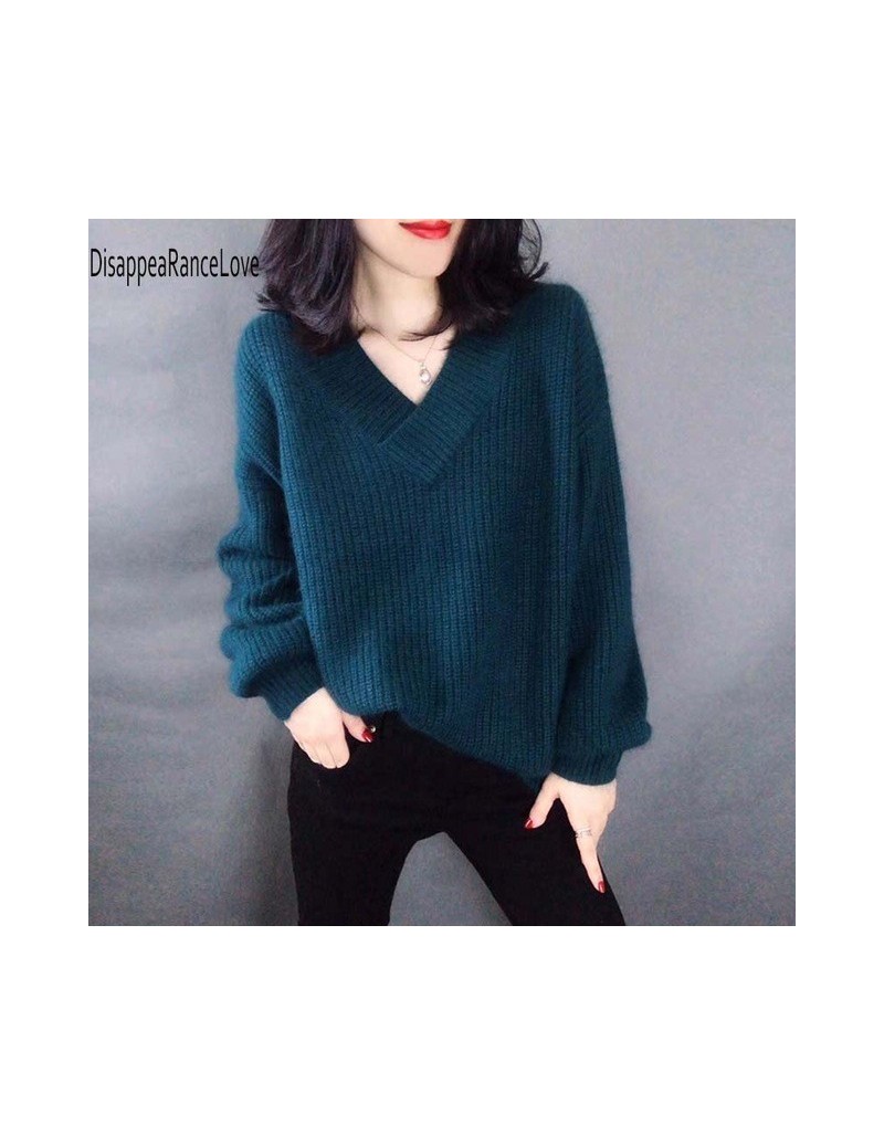 2019 New Korean lantern Long sleeves sweater women's loose Sweater thickened Shoulder Deep V Neck knit Sweater - Blue - 4Z30...